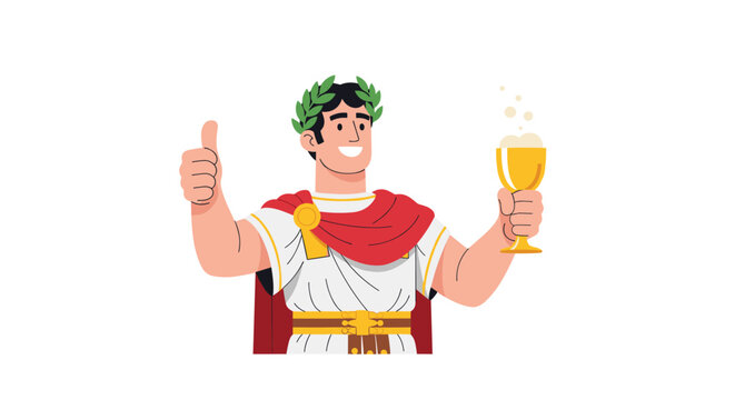 Illustrative portrait of a smiling Roman emperor wearing a laurel wreath and holding a golden goblet of wine.