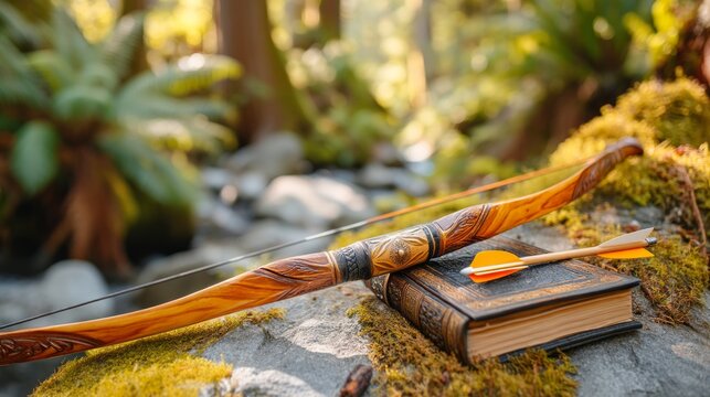 Enchanted Bow and Arrow with Grimoire in Peaceful Forest Setting