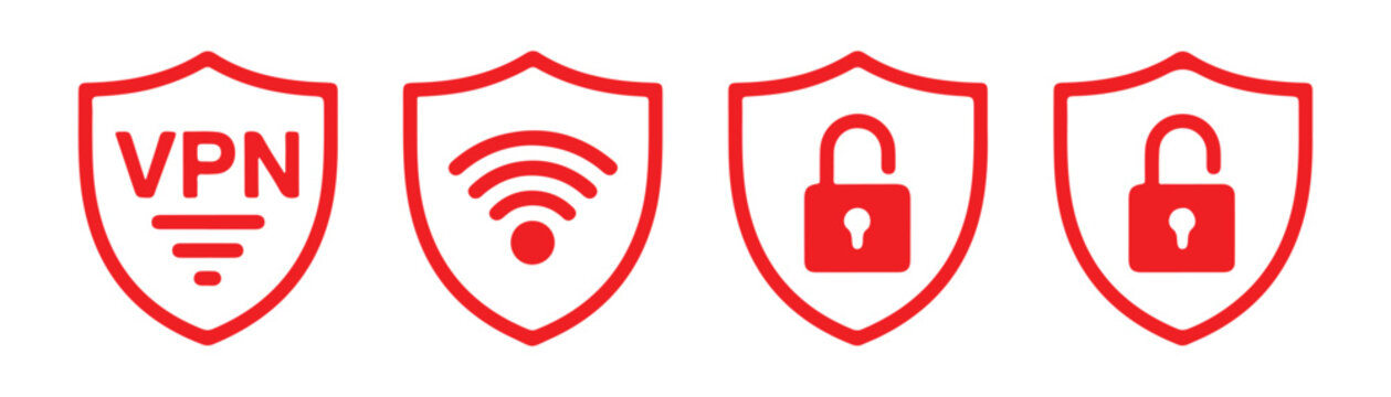 Set of red security icons including vpn wifi signal and padlocks for protection and online safety design.