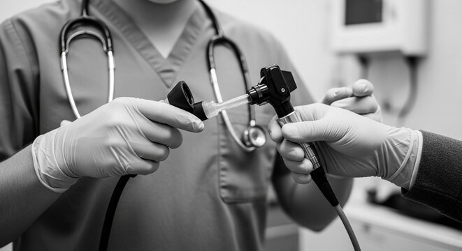 Medical professional prepares otoscope for ear examination in a healthcare setting