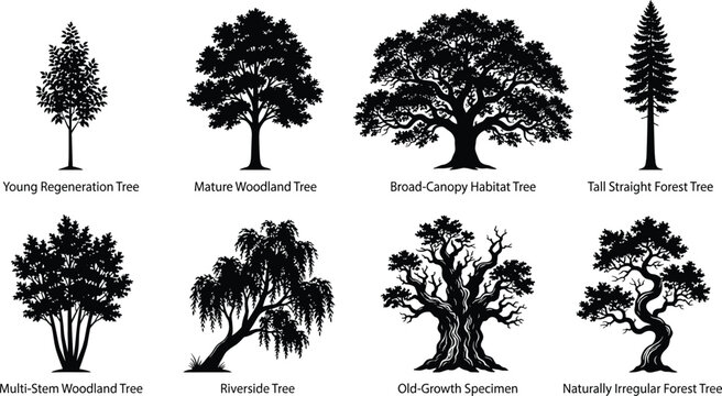 Tree Silhouettes Depicting Woodland Forest and Habitat Growth Forms