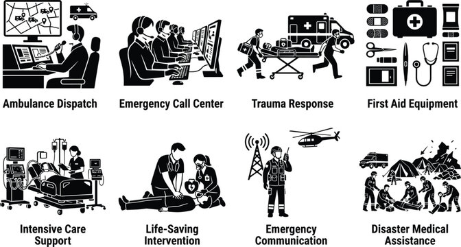 Emergency Medical Response and First Aid Silhouette Icon Set for Healthcare and Rescue Services