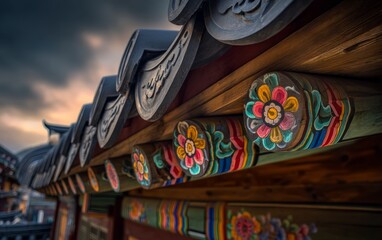 Obraz premium Traditional Korean Hanok with Colorful Dancheong and Wooden Bracket Design