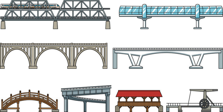 Infrastructure Bridge Vector Graphic Set with Railway Truss Glass Skywalk Concrete Arch Overpass Highway Ramp Covered and Drawbridge Element Designs