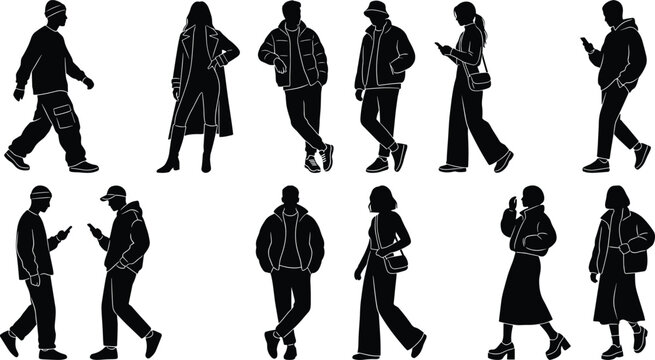 Urban People Silhouette Vector Set Featuring Modern Streetwear and Casual Poses