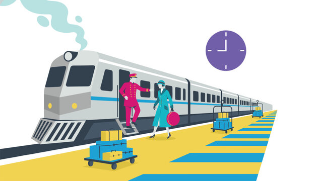 Station master welcomes a female passenger carrying a suitcase onto a train at the platform while luggage carts are nearby under a clock.