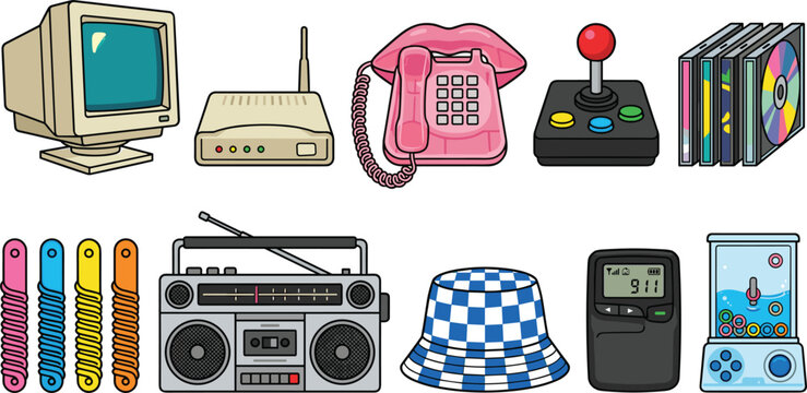 Retro 90s Gadgets Vector Set with CRT Monitor Dial Up Modem Pink Telephone Joystick Boombox Pager and Handheld Water Game for Nostalgic Tech Designs