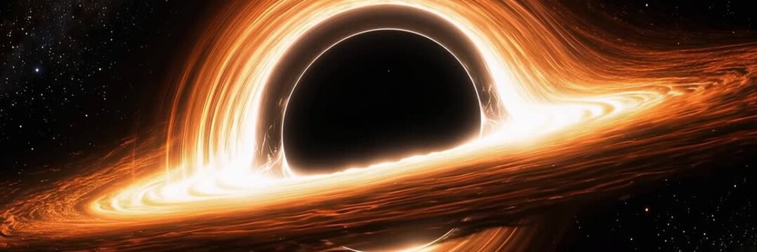 Orange glowing black hole with accretion disk in space, website banner