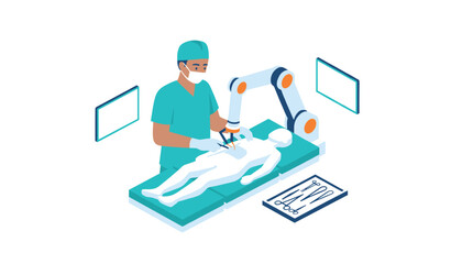 Fototapeta premium Surgeon performs precise operation using robotic surgical arm in a sterile operating theater equipped with modern medical technology displays.