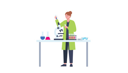 Fototapeta premium Scientist in a green lab coat conducts experiments using a microscope and test tubes while analyzing chemical samples on a laboratory table.