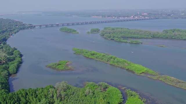 Aerial view of Sharavati coastal river near Honnavar surrounded by lush vegetated islands