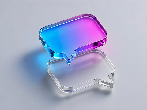 Vibrant blue and purple gradient glass speech bubble icon floating above a transparent clear glass shape on a clean neutral grey surface for modern digital communication and social media design
