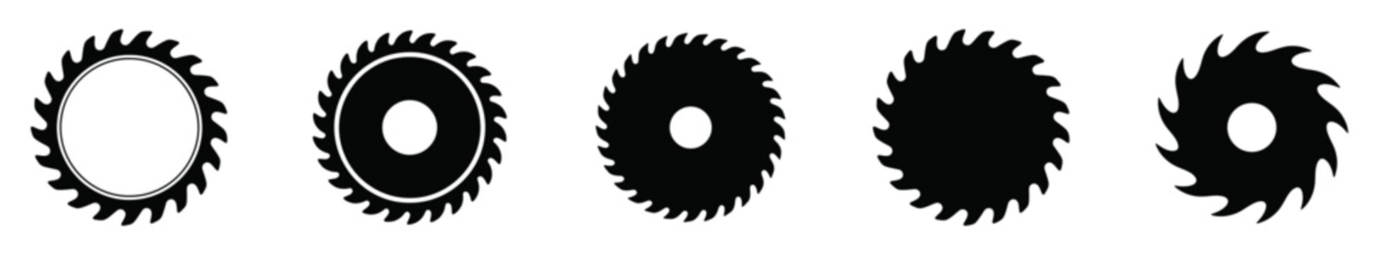 Saw blade icon set featuring wood cutting disc silhouettes, industrial tool symbols, gear shapes, sharp teeth, and construction equipment.