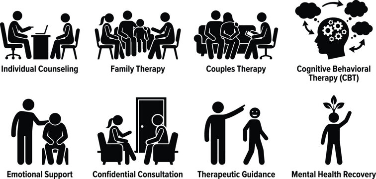 Mental Health Therapy and Counseling Icons Set for Emotional Support and Psychological Wellness
