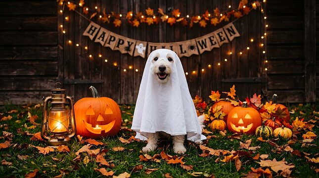 Festive halloween dog in ghost costume with pumpkins and decorations