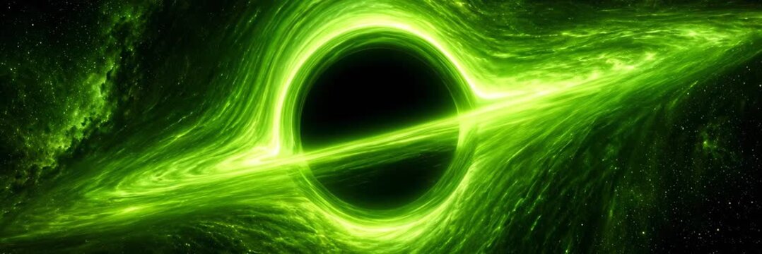 Green glowing black hole in deep space, website banner