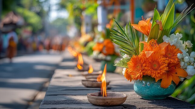 Vibrant Ogoh Ogoh Procession in Bali with Colorful Floral Offerings