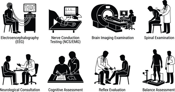Neurological Examination and Diagnostic Testing Silhouette Vector Bundle for Clinical Neuroscience and Patient Assessment