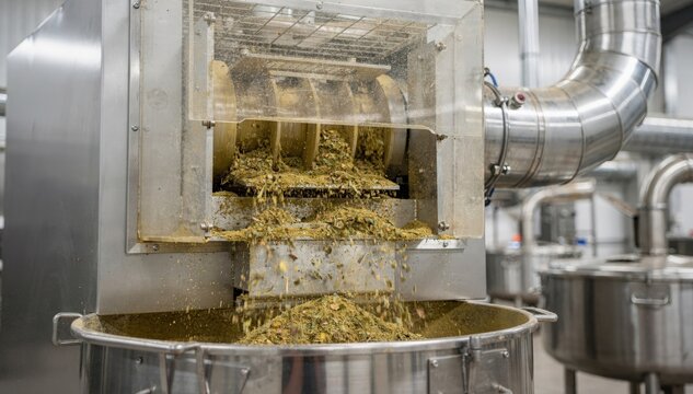Medium shot of a hammer mill crushing dried botanicals into fine uniform powders showcasing the powerful impact mechanism and dust extraction system in an industrial setting.