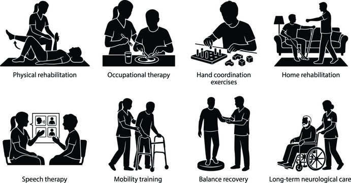 Neurological Rehabilitation and Therapy Silhouette Vector Bundle for Patient Recovery and Clinical Care