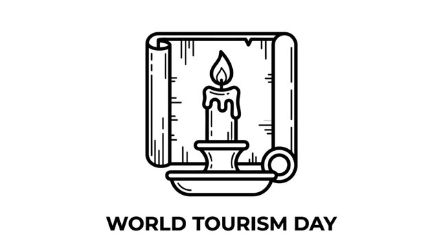 World Tourism Day Linear Icon with Candle and Old Map Scroll