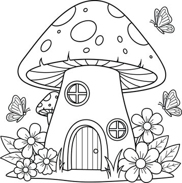 Whimsical Mushroom House Coloring Page with Flowers and Butterflies