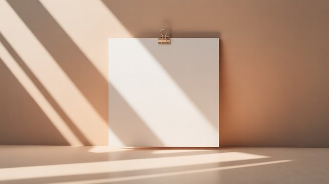 Square white paper sheet attached to wall with gold binder clip under bright natural light.