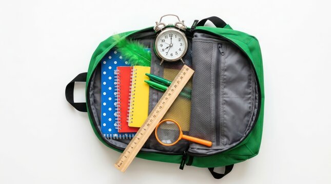 Top view of a green backpack filled with school supplies on a white background.