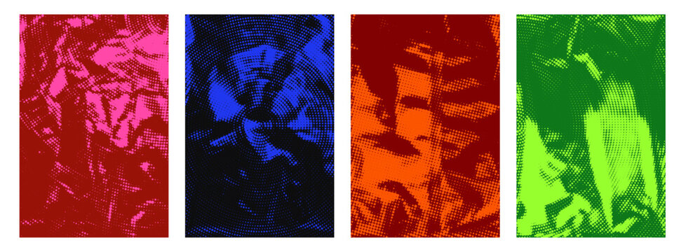 Retro punk halftone texture vector poster backgrounds set. Colorful risograph print overlay with stipple dots, screenprint grain and grunge texture for branding, packaging and mixed media design