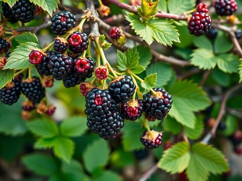 Fresh Blackberries Growing on Branch