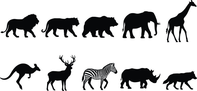 Wild Animal Silhouette Collection Featuring Lion, Tiger, Elephant, Giraffe, Zebra, and More