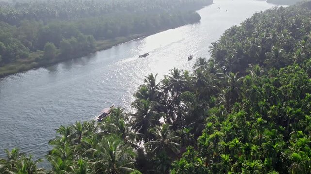View of boating in Honnavar backwaters surrounded by palm trees and scenic beauty