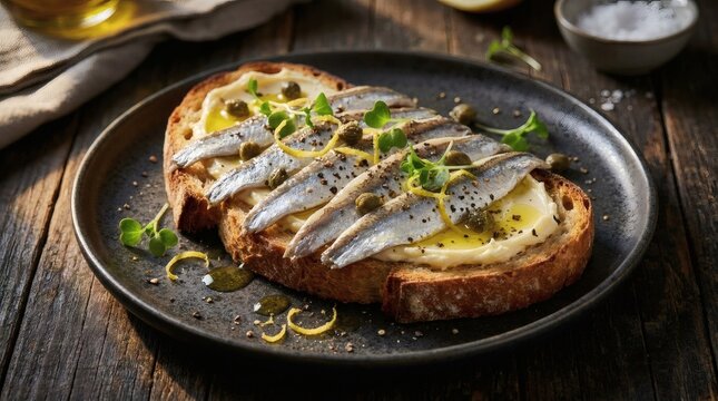 Gourmet Sardine Toast with Capers, Lemon Zest, Microgreens, and Olive Oil on Rustic Wooden Table. Healthy Appetizer or Snack.