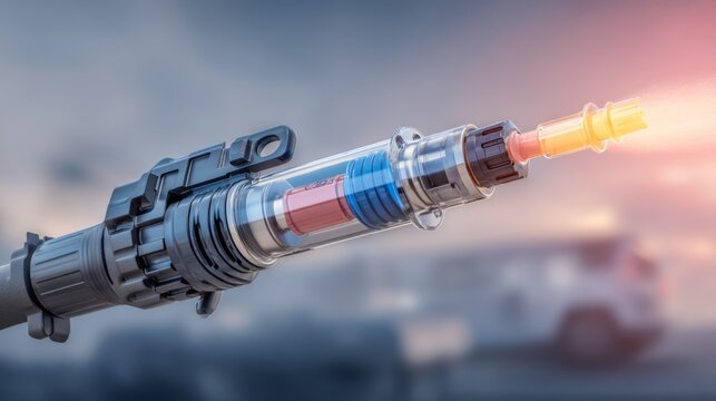 Detailed Closeup of Automotive Fuel Injector with Spray Pattern Concept