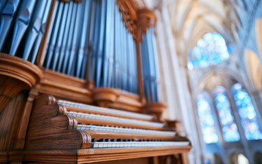 Obraz premium Intricate Pipe Organ Inside Majestic Cathedral Offers Sacred Musical Serenity