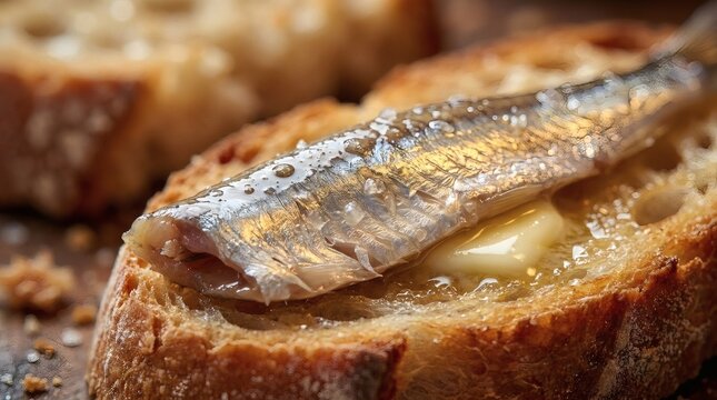 Macro shot of a sprat or sardine on toasted baguette with melting butter and sea salt flakes. Gourmet seafood appetizer.