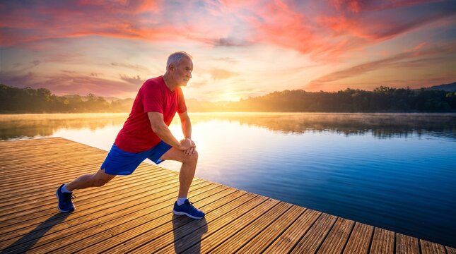 active senior man doing morning stretch on a wooden pier
