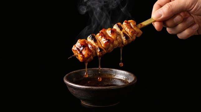 Hand dipping hot grilled yakitori chicken skewers into savory tare sauce, with steam rising and sauce dripping into a bowl.