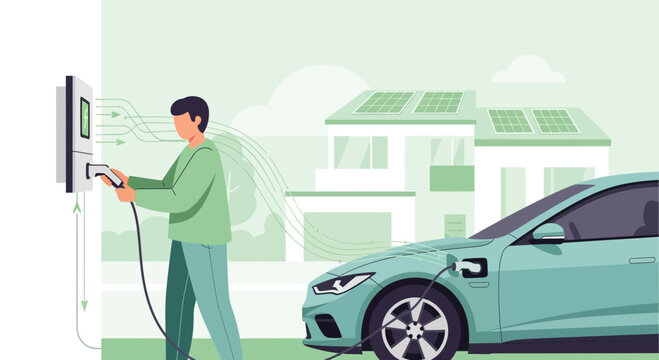 Man charging electric car at home with solar panels on roof, eco-friendly transport
