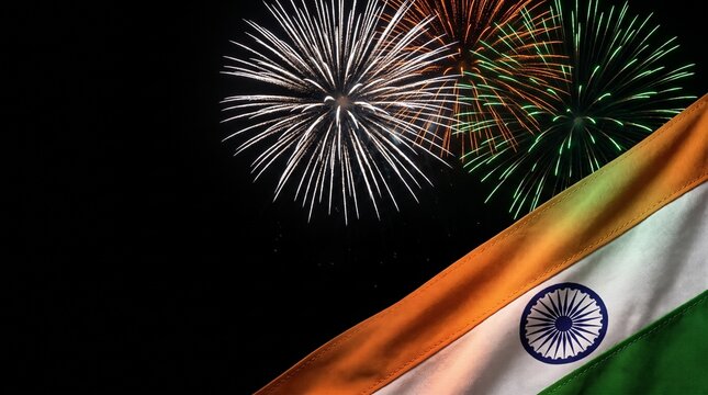 A long exposure night scene of an Indian flag with fireworks, showcasing vibrant saffron, white, and emerald green spark bursts over a dark canvas