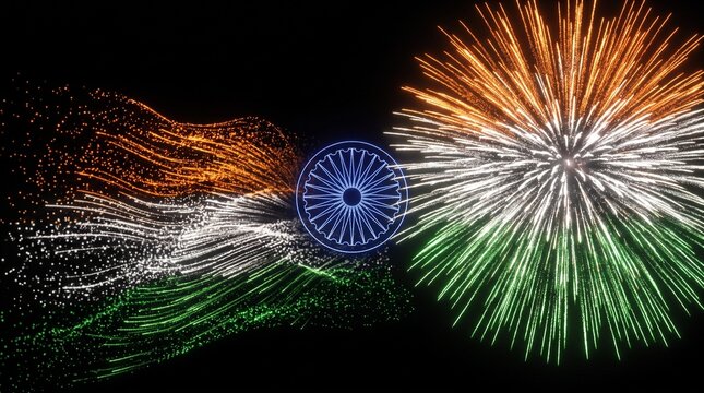A futuristic digital art of an Indian flag with fireworks, formed entirely out of glowing tricolor light particles and a sharp navy blue central wheel