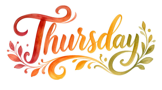 The word Thursday surrounded by flowers and leaves on transparent background
