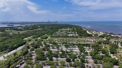 Aerial view of palm-lined parkland and beach beside the Atlantic Ocean, Key Biscayne, Florida © Marisol