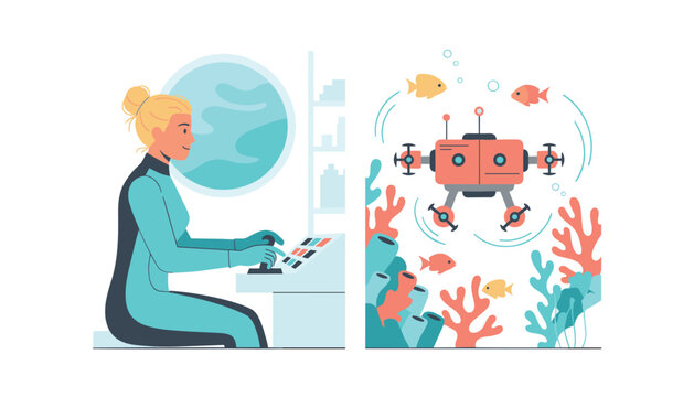 Person wearing diving suit sits at control console operating underwater drone exploring colorful coral reef with swimming tropical fish in sea.