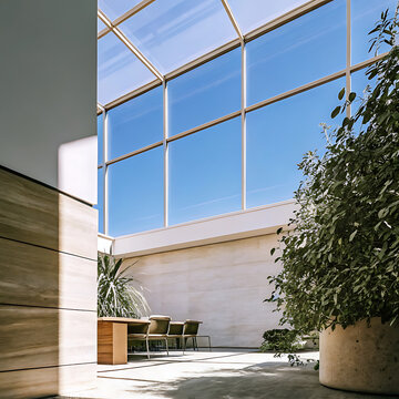 Interior scene with large windows wooden table and potted plants in a modern architectural setting