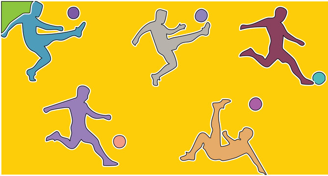 Set of colorful soccer player silhouettes playing with a ball on a yellow background for sports design and athletic activity concepts