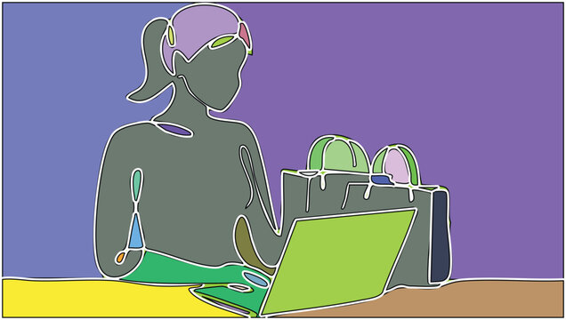 Woman shopping online with a laptop and paper bags on a colorful table in a modern creative digital art style illustration