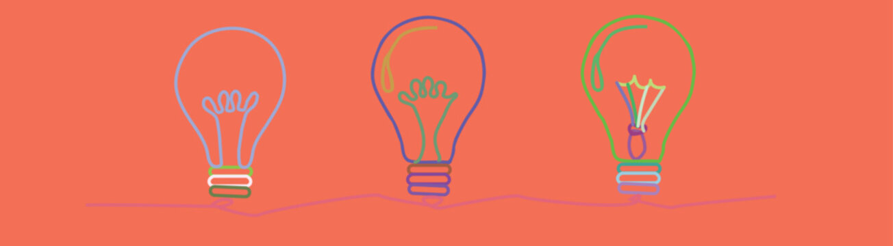 Three colorful light bulb icons drawn in a simple continuous line art style on a bright orange background for creative business ideas concept