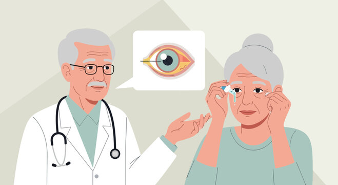 Ophthalmologist advises patient on eye care, eye drop application