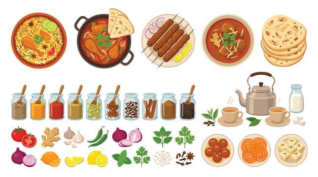 Flat lay illustration of various Indian food dishes and ingredients on a white background.
